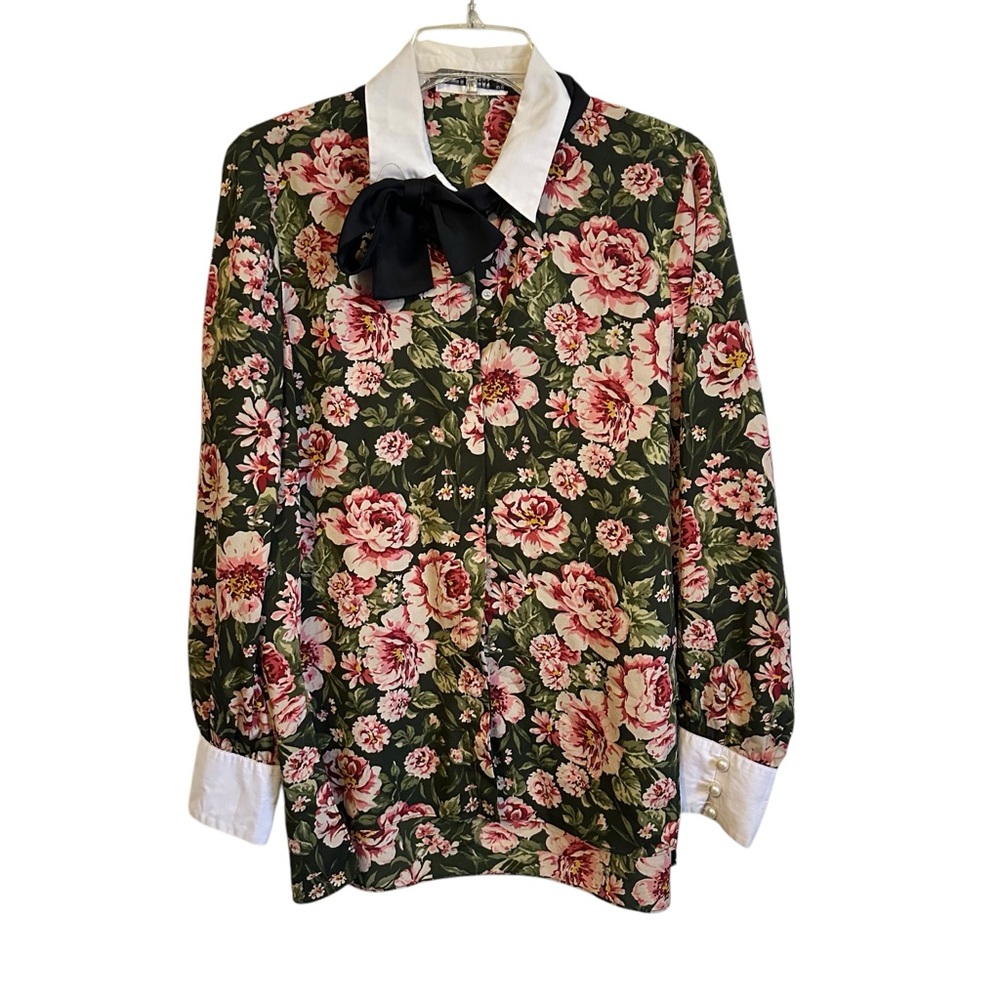 Zara Floral Bow Neck White Collar Blouse Katie Krause Top Shirt large